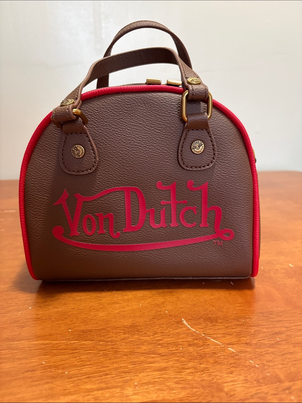 Von Dutch Brown and Red Mini Dome Satchel
